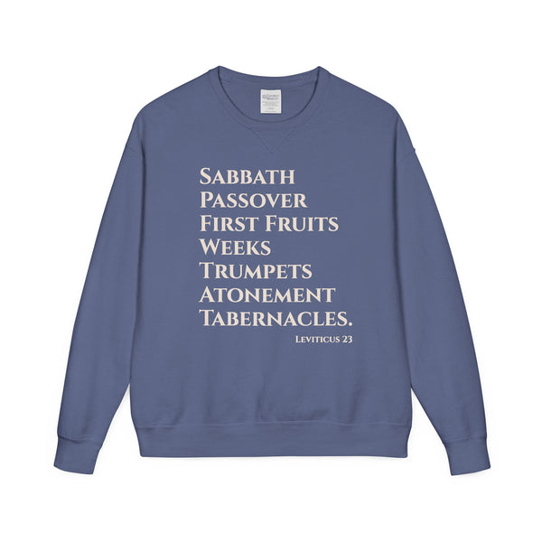 Blue sweatshirt with white text on a white background
