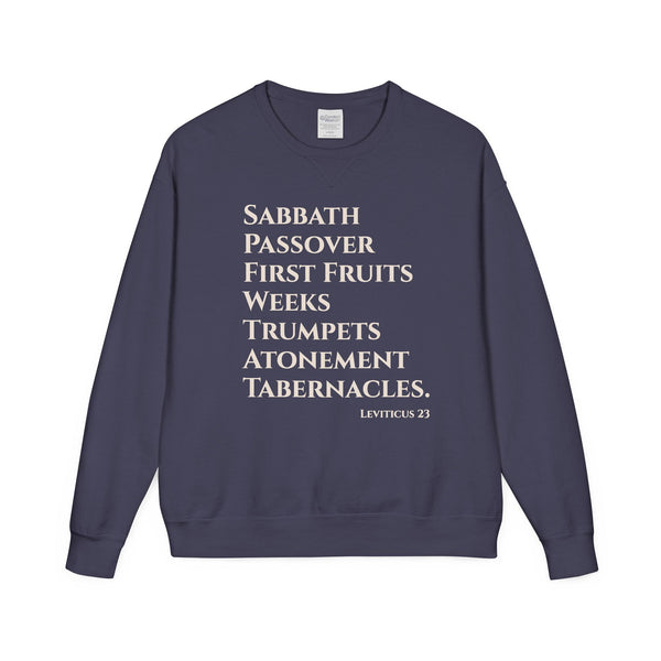 Navy blue sweatshirt with white text on a white background
