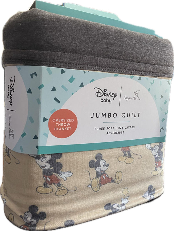 Brown canvas with grey trim swaddle blanket. It has orginal Mickey Mouse printed all over the blanket