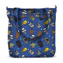 Diaper bag with blue background. It has cartoon style star wars characters all of it.