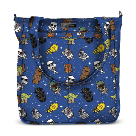 Diaper bag with blue background. It has cartoon style star wars characters all of it.