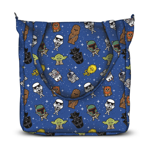 Diaper bag with blue background. It has cartoon style star wars characters all of it.