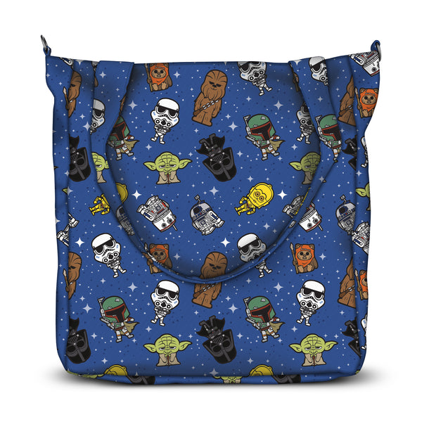 Diaper bag with blue background. It has cartoon style star wars characters all of it.