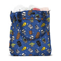 Diaper bag with blue background. It has cartoon style star wars characters all of it.