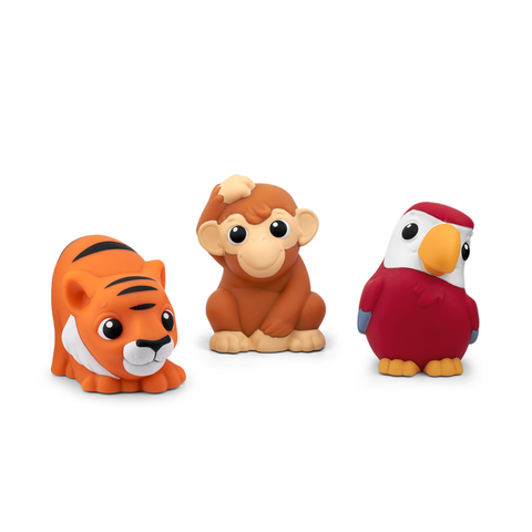 Three animal figurines: a tiger, monkey, and parrot, on a white background