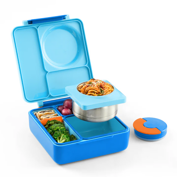 Blue bento lunch box that showcases the 3 compartments
