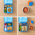 4 pictures showing the different compartments of the bento box and how they can be packed