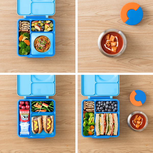 4 pictures showing the different compartments of the bento box and how they can be packed