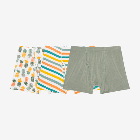 This pictures has all three Boxer Briefs. White Back Ground with Pineapples (all different ripping stage colors) 2nd pair Horizontal stripes, Aqua, Orange, Sage, and Yellow. And the 3rd pair is a solid sage.