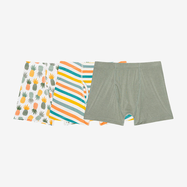 This pictures has all three Boxer Briefs. White Back Ground with Pineapples (all different ripping stage colors) 2nd pair Horizontal stripes, Aqua, Orange, Sage, and Yellow. And the 3rd pair is a solid sage.