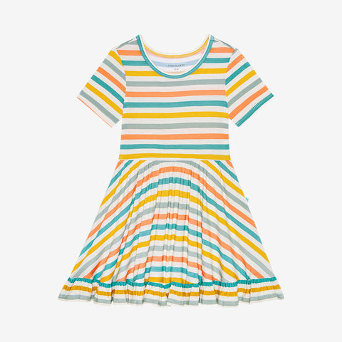 Short sleeve twirl has a scoop neckline. The print has a white background with horizontal stripes in aqua, sage green, mustard, and coral