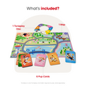 Play mat with Tonieplay disc, map, and pup cards on a white background