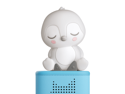 White cartoon-like penguin with a blue base on a white background