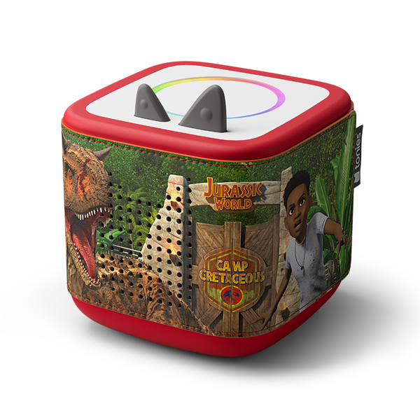 Toy speaker with Jurassic World Camp Cretaceous design on a white background