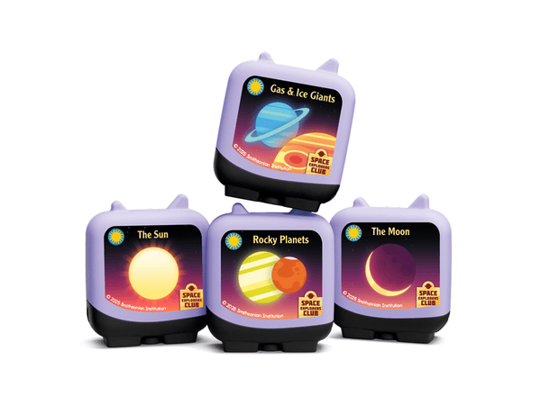 Set of four educational space-themed toys on a white background