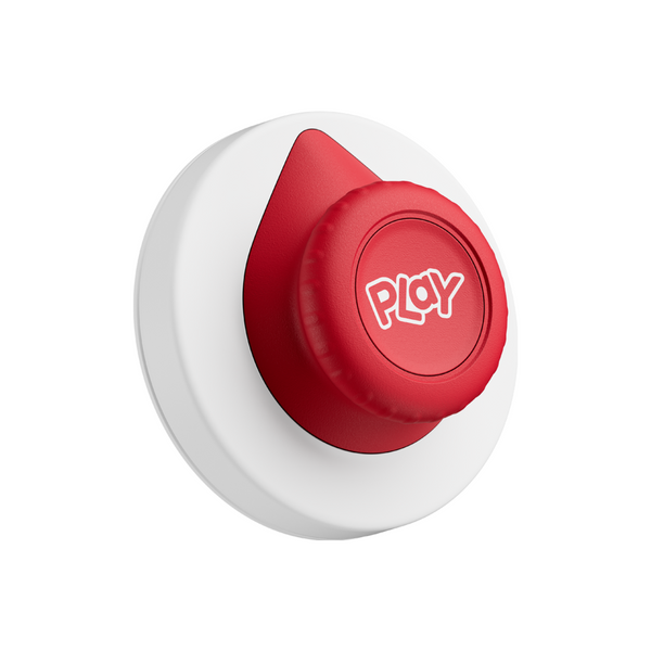 White round controller with a red twistable button.