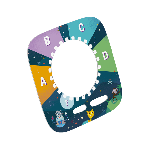 Colorful children's game with cartoon characters and letters on a white background