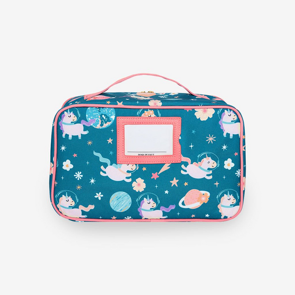 Lunch bag with pink trim, gold hardware. Blue background with Unicorns flying through space with a clear glass space helmet and exterior name tag holder
