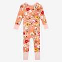 one piece pj. Print is orange, red, yellow and white floral on a peachy background.