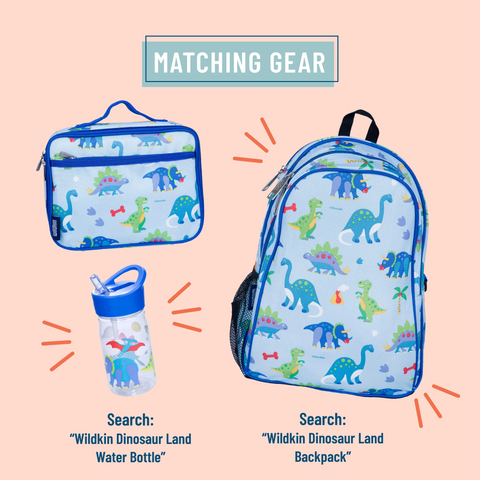 Light Blue background with Dark blue trim. The Print has colorful cute cartoon dinos with bones and footprints with matching packback