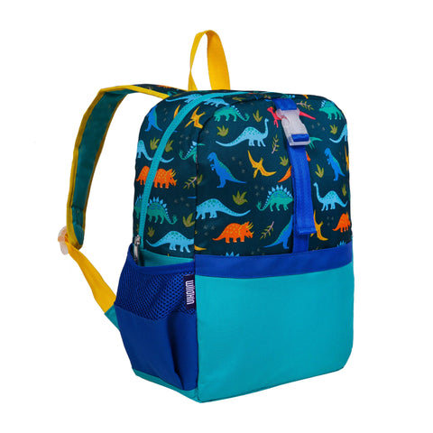 Backpack with a navy background with different colored dinosaurs and an aqua band about bottom.