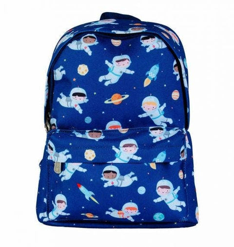 Blue backpack with children astronauts, planets, and rockets printed on it.