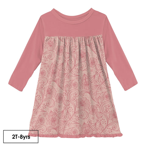 Kickee Pants Print Classic Long Sleeve Swing Dress | Peach Blossom Lace Clothing Kickee Pants