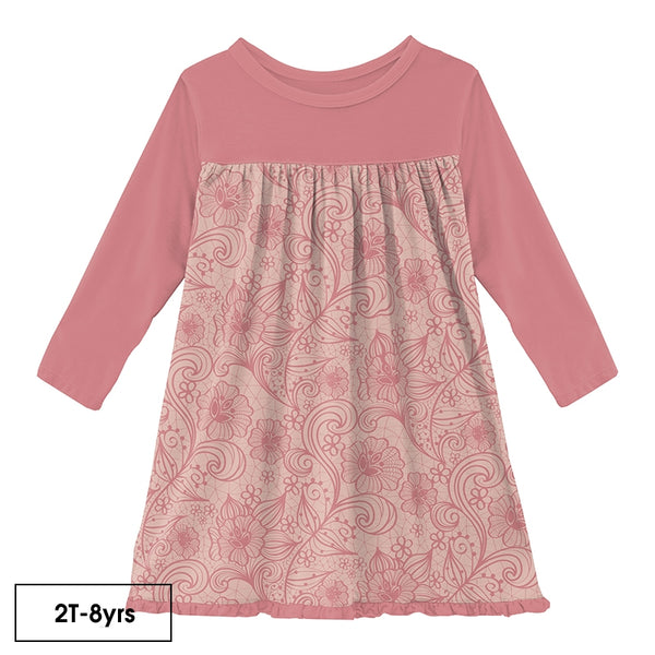 Kickee Pants Print Classic Long Sleeve Swing Dress | Peach Blossom Lace Clothing Kickee Pants