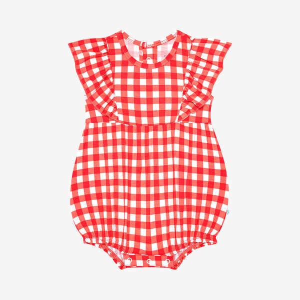 Bubble romper. Pattern is a red and white country checkered.Toddler in a bubble romper. Pattern is a red and white country checkered.