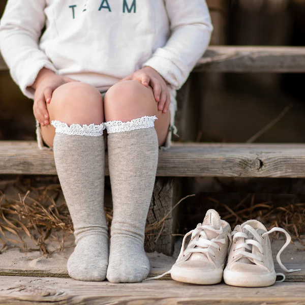 Little Stocking Co  | Knee High Lace Top Knit Socks Single Pair ~ Gray Clothing Little Stocking Co