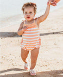 RuffleButts | Pom Pom Bubble Romper ~ Peach Stripe Clothing RuffleButts