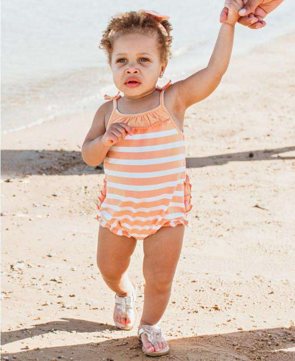 RuffleButts | Pom Pom Bubble Romper ~ Peach Stripe Clothing RuffleButts