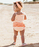 RuffleButts | Pom Pom Bubble Romper ~ Peach Stripe Clothing RuffleButts