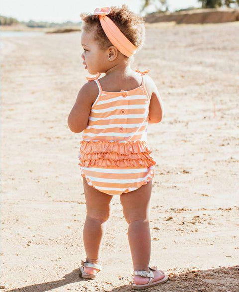 RuffleButts | Pom Pom Bubble Romper ~ Peach Stripe Clothing RuffleButts