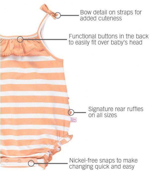 RuffleButts | Pom Pom Bubble Romper ~ Peach Stripe Clothing RuffleButts