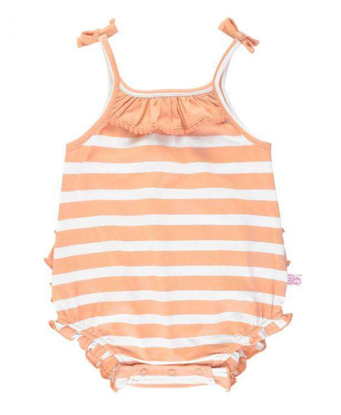 RuffleButts | Pom Pom Bubble Romper ~ Peach Stripe Clothing RuffleButts
