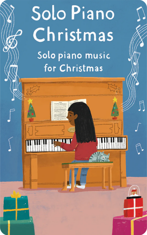 Girl sitting at a piano with presents on the floor