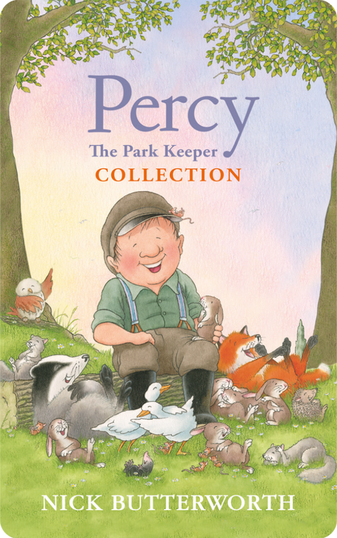 Percy sitting in a forest amongst his animal friends.