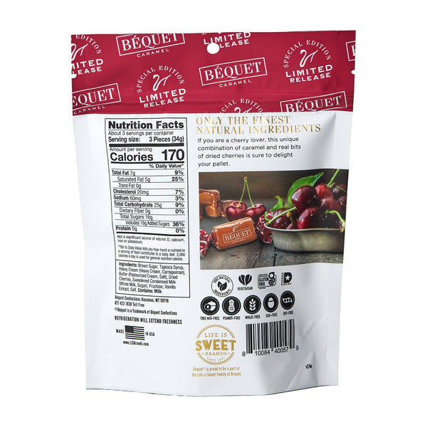 Béquet caramel product packaging with cherry imagery on a white background