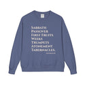 Blue sweatshirt with white text on a white background