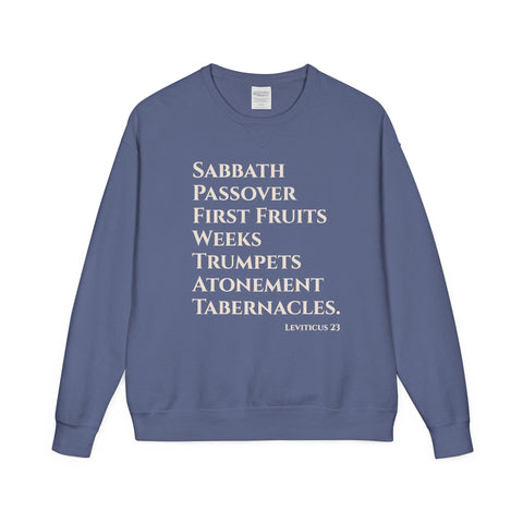 Blue sweatshirt with white text on a white background