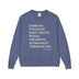 Blue sweatshirt with white text on a white background