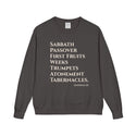 Dark gray sweatshirt with white text on a white background