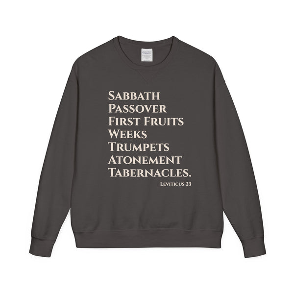 Dark gray sweatshirt with white text on a white background
