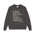 Dark gray sweatshirt with white text on a white background