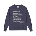 Navy blue sweatshirt with white text on a white background