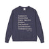 Navy blue sweatshirt with white text on a white background