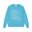 Blue sweatshirt with white text on a white background