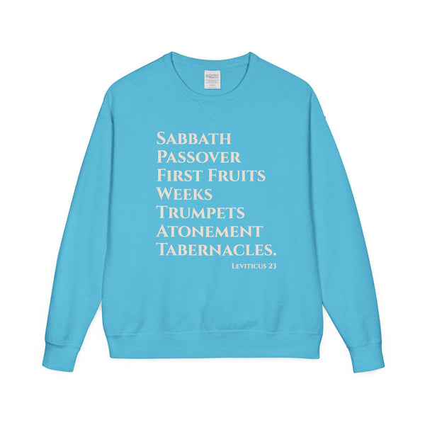 Blue sweatshirt with white text on a white background