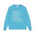 Blue sweatshirt with white text on a white background